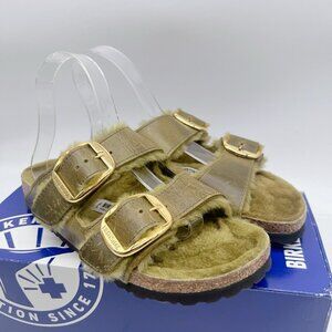 Birkenstock Arizona Big Buckle Shearling Olive Green Sandals Oil Leather EU 37